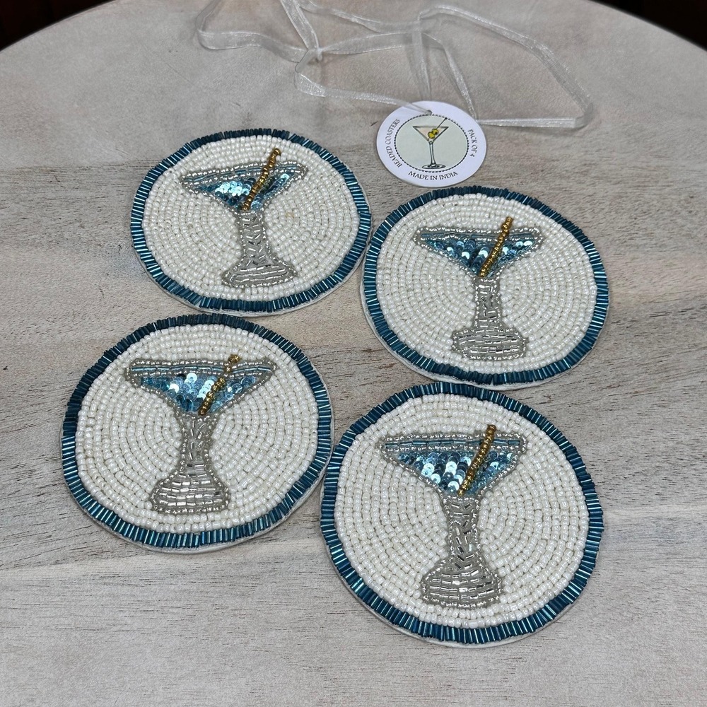 Handmade Beaded Martini Coaster Set Teal White Glass Bead Barware Decor - Picture 8 of 9